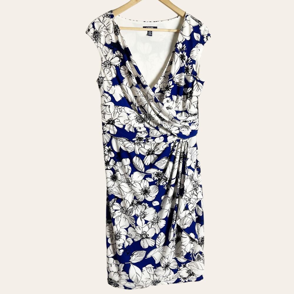 Chaps Blue White Floral Print Sleeveless Draped Faux Wrap Knee-Length Dress Sz L
